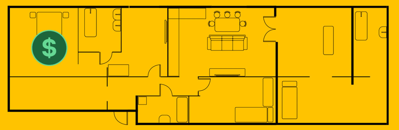 blueprint of a home layout with dollar sign symbol in a rental room